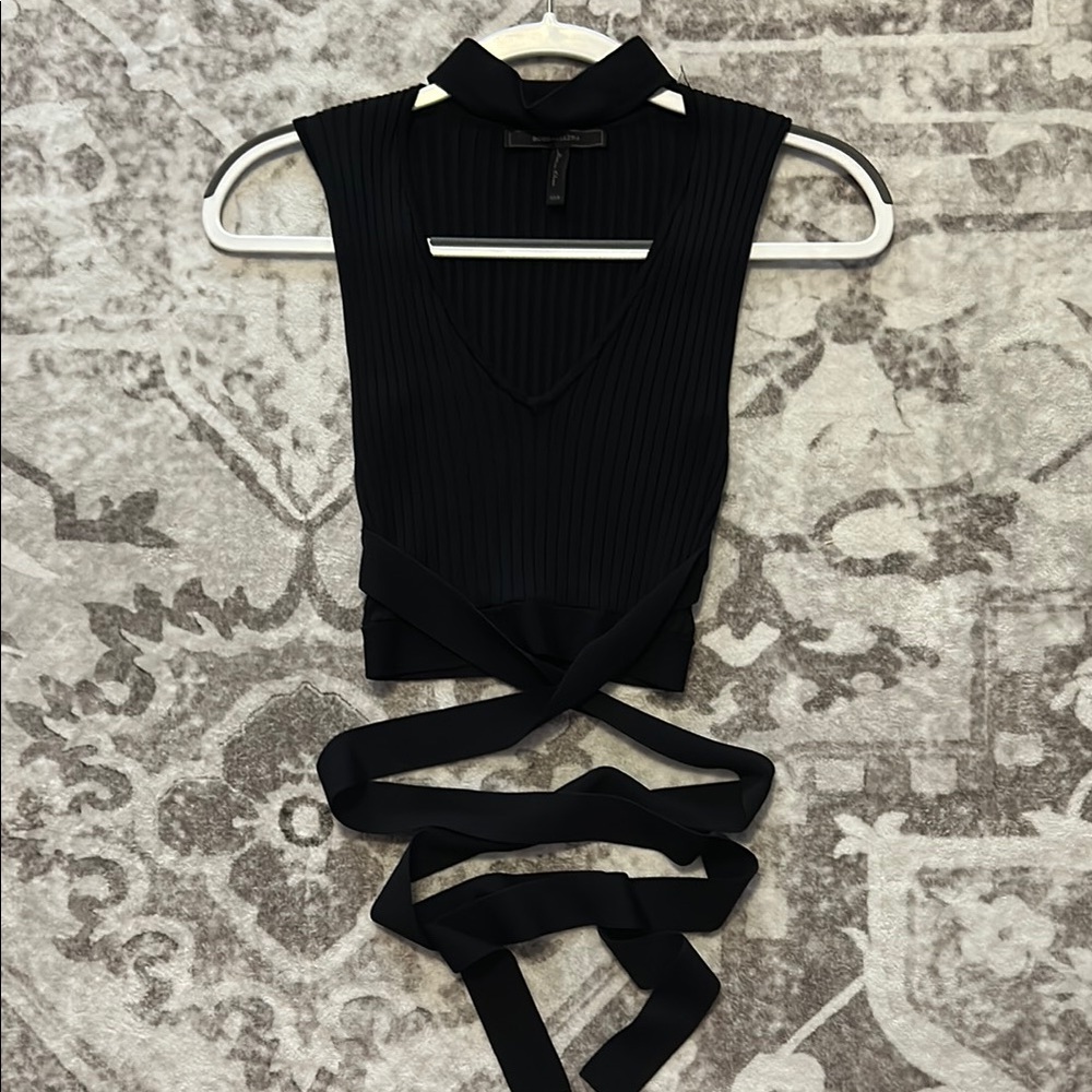 BCBG Max Azria Black Sleeveless Cropped Wrap Top